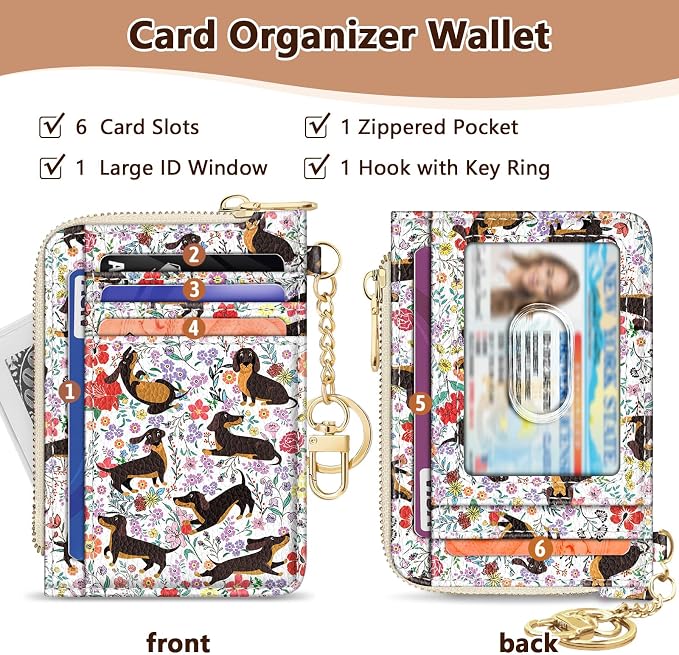 GIANCOMICS Slim Wallet Credit Card Holder Women, Dachshund Rfid Blocking Small Card Case, Keychain Thin Pocket Curved Zipper Wallet, Travel Card Holder PU Leather ID Window, Ladies Female Gifts