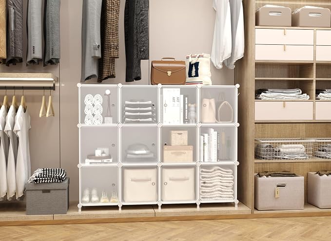 AWTATOS 12 Cube Storage Organizer, Closet Storage Shelves with Doors, White | Portable Closet Organizers, DIY Stackable Storage Cube Shelf, Plastic Clothes Organizer Shelving for Bedroom, Home Office