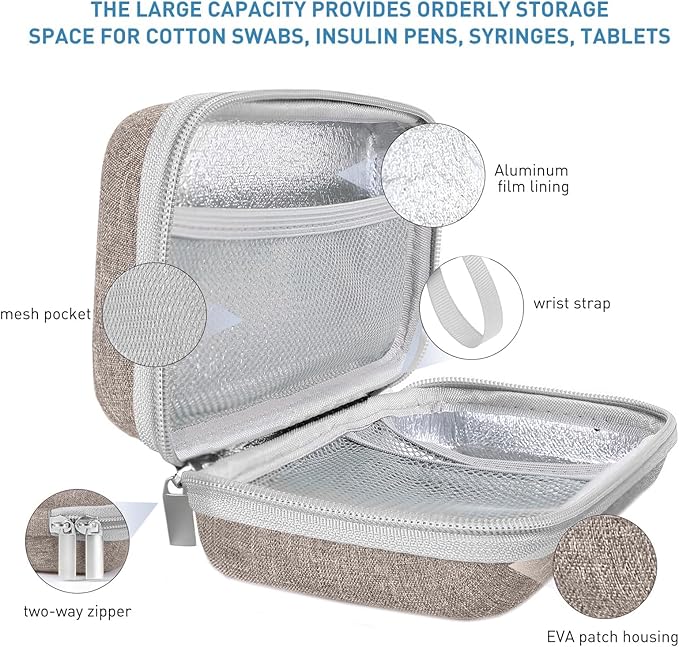 suzamed Insulin Cooler Travel Case,EVA Insulation Travel Medicine Kit with 2 Ice Packs for Diabetes Care,Insulin Pen and Other Diabetic Supplies (Brown)