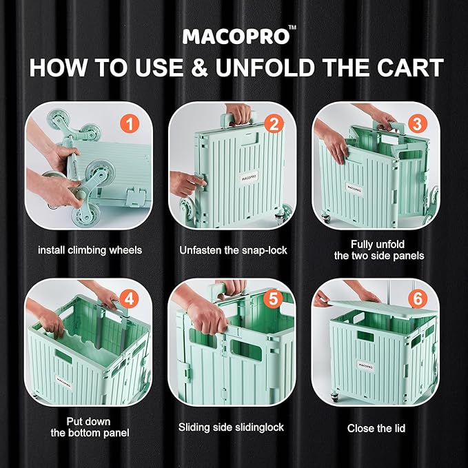 MACOPRO Foldable Utility Cart with Stair Climbing Wheels, Collapsible Rolling Crate with Telescoping Handle, Shopping Trolle Handcart Grocery Book File Tool Art Supplies Teacher Storage Basket(Green)