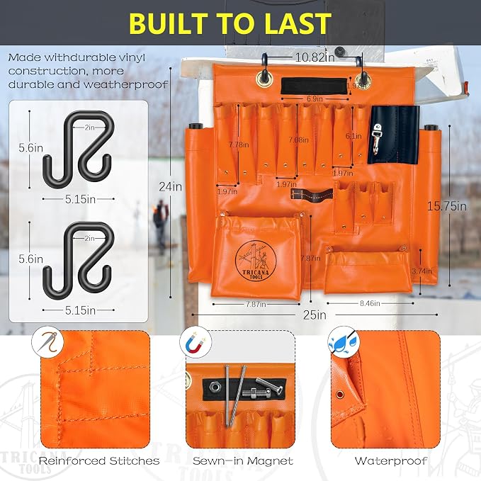 Lineman Tool Board, Aerial Apron, Bucket Truck Tools Organizer with Over 16 Pockets, Tool Organizer for Bucket Trucks and Lineman, Includes Two 2” Bucket Hooks