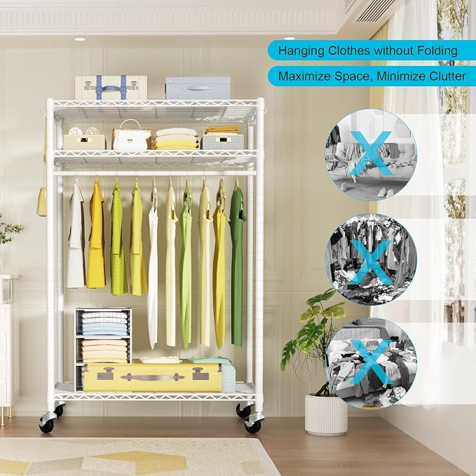 FUTASSI P3 Plus Rolling Clothes Rack, Clothing Racks for Hanging Clothes, Heavy Duty Garment Rack with Wheels, Freestanding Portable Closet Racks 45" W x 14" D x 78.5" H, Max Load 480 LBS, White