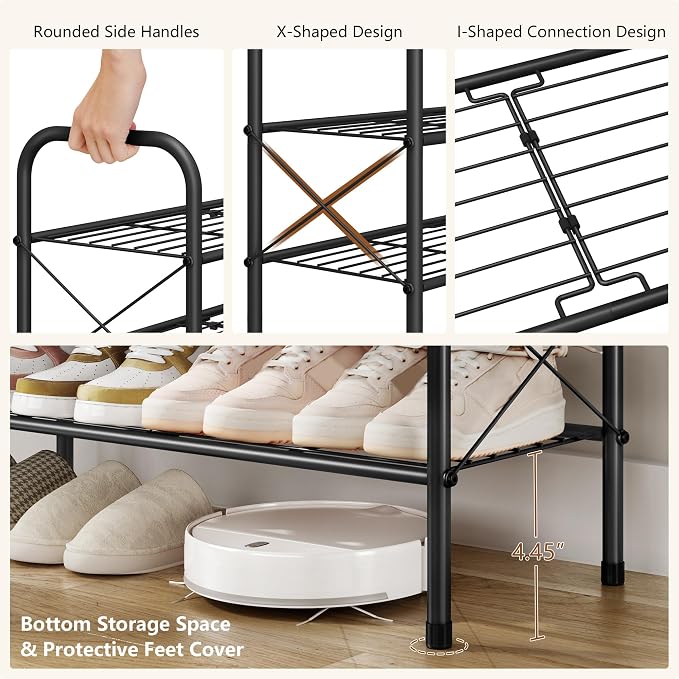 Hoctieon 4 Tier Mesh Style Shoe Rack, Entryway Shoe Shelf, Shoe Storage Organizer, Shoe Rack for Closet, Space Save for Bathroom, Garage, Hallway, Bedroom, Living Room, Black
