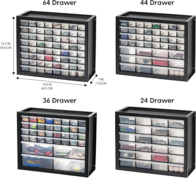 IRIS USA 44-Drawer Small Parts Organizer, Made in USA, Storage Drawers for Screws, Nuts, Bolts, Electronics, Hardware, Beads, Crafts, Building Bricks, Stackable Garage Storage Cabinet, Black