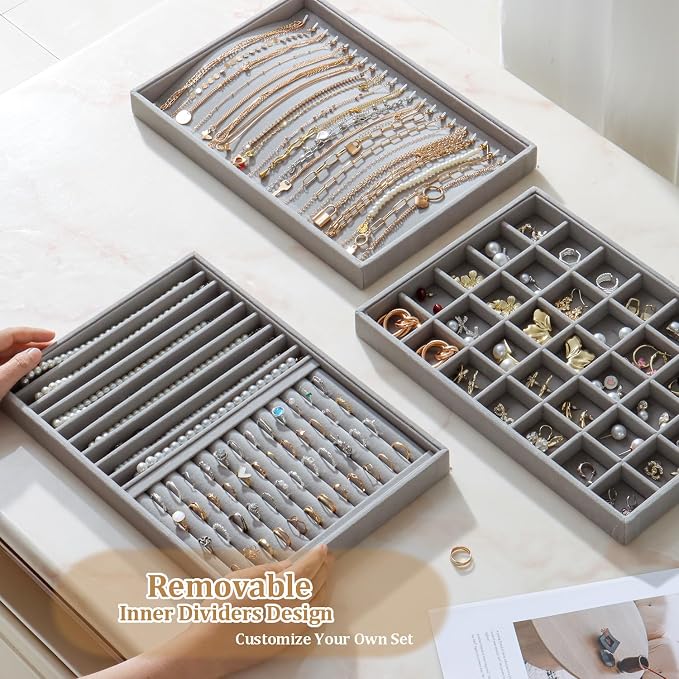 Large Jewelry Organizer for Drawer Insert Velvet Stackable Jewelry Trays for Earring Necklace Bracelet Ring Display (Gray, Ring and 9 Grids)
