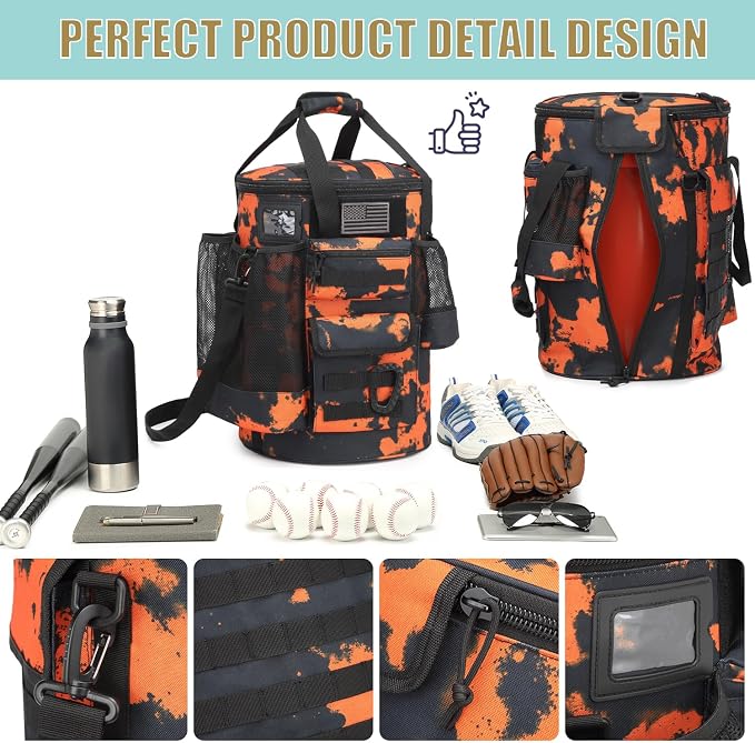 Baseball Bucket Bag Baseball Coaching Accessories Organizer Tactical Style Softball Bucket Bag with Anti-Slip Bottom, Multiple Pockets for Bat, Gloves, Scoreboards