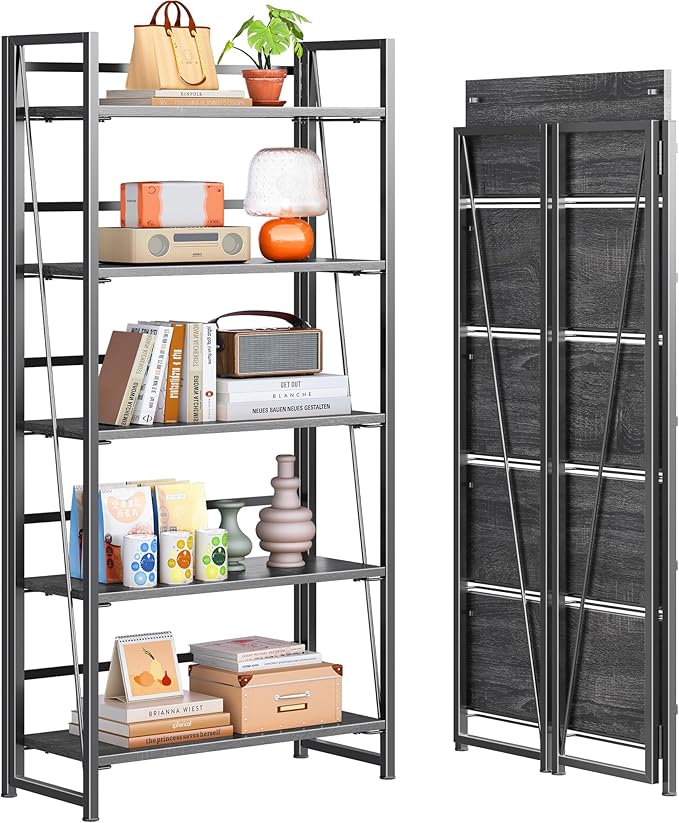 4NM No Assembly Folding Bookshelf, 5-Shelf 62.2" H Collapsible Foldable Bookcase Storage for Small Spaces, Gray and Black
