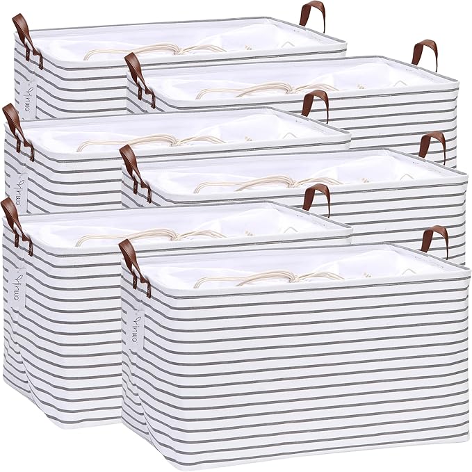 Hinwo 70L Extra Large Storage Bins, 6-Pack Closet Organizers and Storage, Foldable Clothes Storage Baskets with Handles, Containers for Clothing, Blanket, Comforters, Toys, Bedding (Gray Stripe)