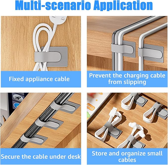 80PCS Hook and Loop Cable Ties, Under Desk Cable Management, Adhesive Cable Straps, Cord Management Hider Idea, Cord Organizer for Desk, Computer Accessories, Home Office Organization, White+Gray