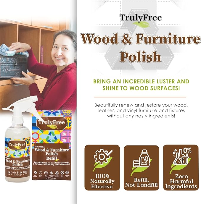 Truly Free Natural Wood Cleaner & Furniture Polish - Leather Cleaner, Vinyl, Furniture & Wood Polish, Helps Remove Water Stain, Unscented - 12 oz Reusable Empty Spray Bottle + One (3 oz) Fill Pack