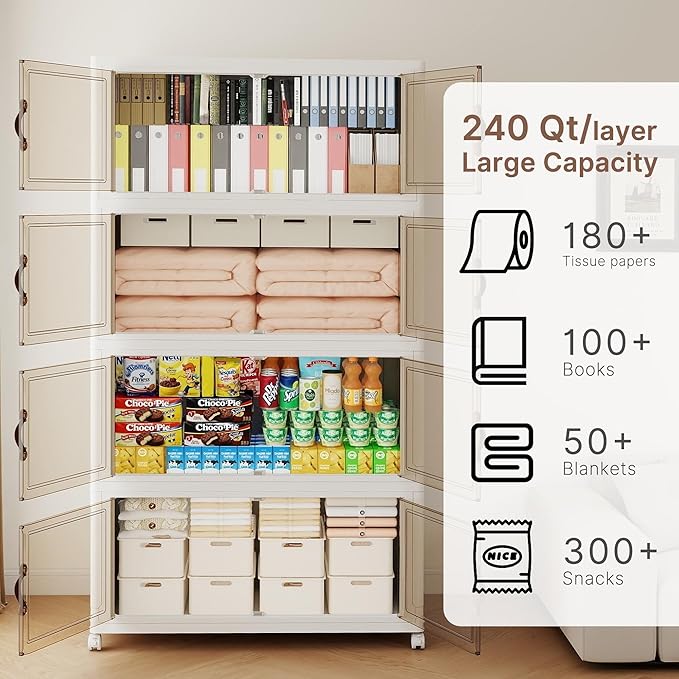 1164QT Extra Large Stackable Storage Bins with Lids & Wheels & Door, 291Gal Foldable Collapsible Closet Organizers, Plastic containers drawers for bedroom Dorm