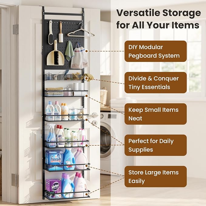 mustry Over The Door Organizer, Door Organizer Hanging with 2 PegBoards and 6 Adjustable Baskets, Back of Door Storage for Pantry, Bathroom, Laundry Room, Metal