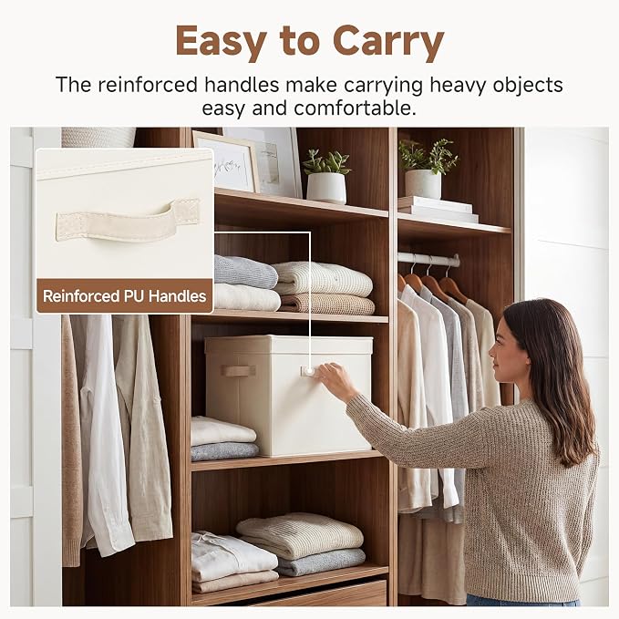 StorageWorks Storage Bins with Lid, Decorative Fabric Storage Bins with Handles, Stackable Closet Organizers for Shelves and Bedroom, Large, Beige(Cotton Linen), 2-Pack
