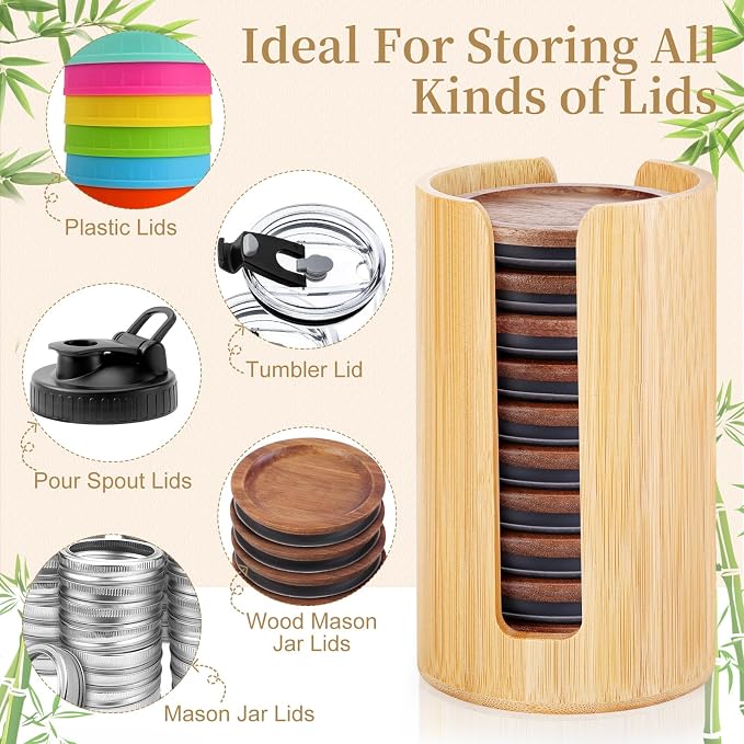 2 Pack Mason Jar Lid Organizer (Wide Mouth & Regular Mouth) Bamboo Ball Jar Wooden Storage Accessories for Home Kitchen Organization & Tumbler Lids, Fit Mason/Canning/Bamboo Lids
