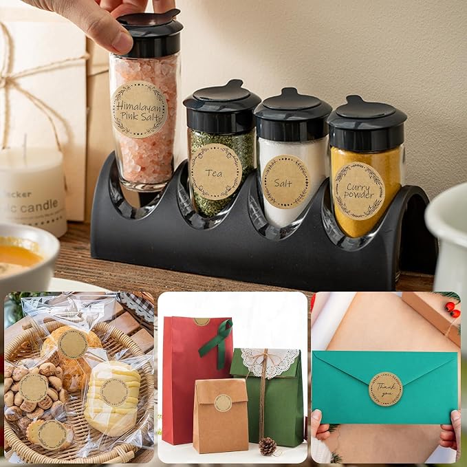500 Jar Stickers, Jelly Jars & Jam Jar Labels, Kraft Paper Gift Tags, 4 Different Garland Designs for Mason Jars/Bottles/Name Tags and More (2 Inch Round)