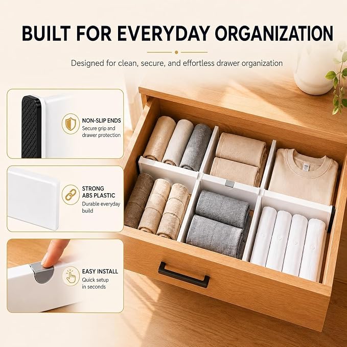 Adjustable Drawer Dividers, 1 Pack, Expandable 14.7–21” Drawer Divider Organizer with Non-Slip Ends for Kitchen, Dresser, Closet & Bathroom