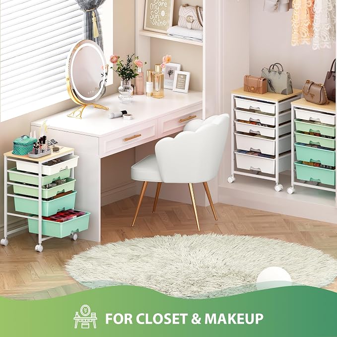 Goovilla Rolling Cart with Drawers, Utility Cart Organizer With 5 Removable Drawers and Wooden Tabletop, Lockable Rolling Storage Organizer for Art, Classroom, Home, Dorm, Office, Craft Storage, Green
