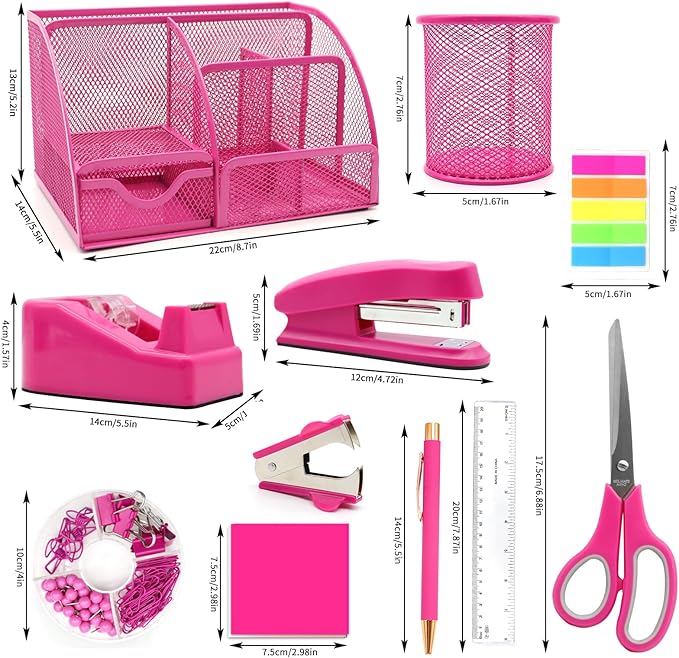12 in 1 Hot Pink Desk Organizers and Accessories Set, Gifts for Coworkers Women, Office Supplies Stapler Pen Holder Tape Holder Staples Scissors Ruler Staple Remover