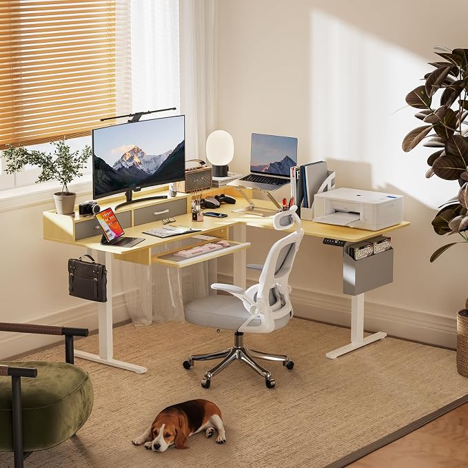 WALKINGDESK 63 Inches L Shaped Standing Desk with Keyboard Tray and 2 Drawers, L Shaped Electric Standing Desk, Adjustable L Shaped Office Desk,Corner Standing Desk for Home Office, Oak