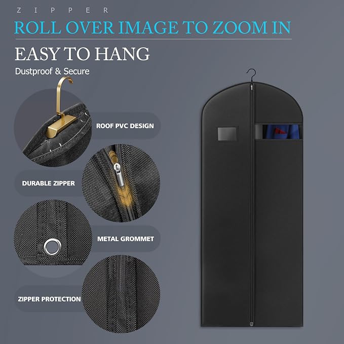 5 Pack 54-inch Suit Bag Garment Bag for Travel and Storage, Garment Bags for Hanging Clothes with Zipper and Visible Transparent Window, Black
