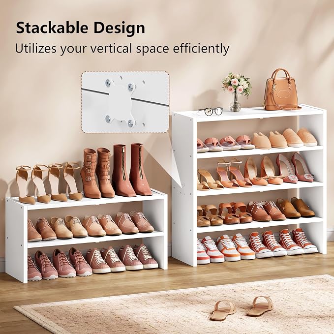 Hoctieon 2 Pack Expandable Shoe Shelf, 2-Tier Adjustable Shoe Shelf Storage Organizer, Stackable Iron Wood Combination Free Standing Shoe Rack for Entryway, Closet, Doorway, White