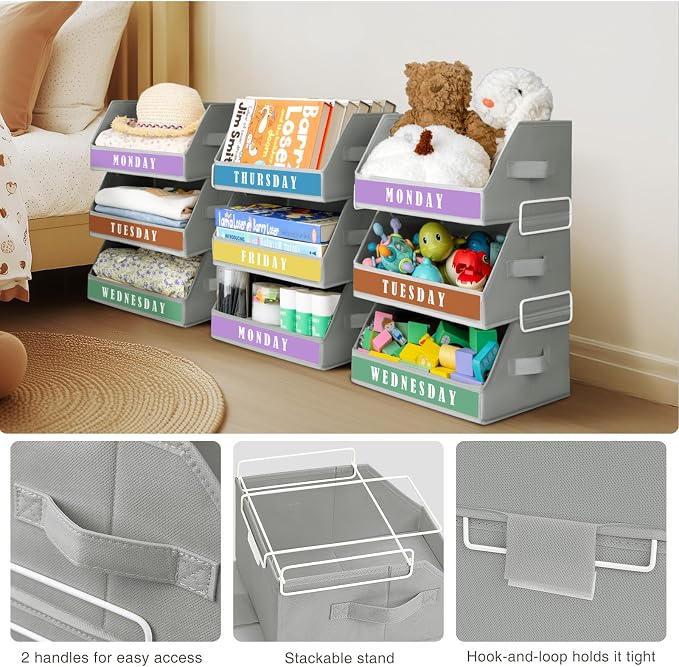 Homsorout Closet Organizers and Storage - 5 Tier Shelf Organizer with Weekly Labels, Stackable Storage Bins with Metal Frame, Foldable Cube Bins, Home Baskets for Kids and Adults, Grey