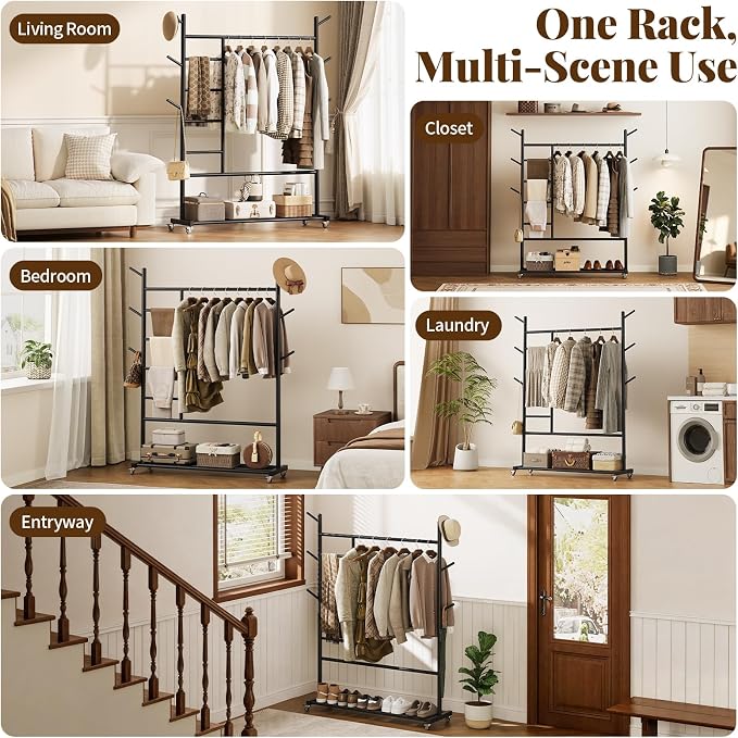 Yoobure Solid Wood Clothing Rack - Rolling Clothes Rack with Wheels, 4-in-1 Coat Rack with Pants Rack & Shelf, Freestanding Clothing Racks for Hanging Clothes, Garment Rack for Closet Bedroom Entryway