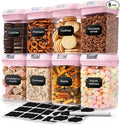 Set of 8 Airtight Food Storage Containers - Pantry Organizer Bins, BPA Free Plastic Containers plus Dry Erase Marker and Labels, Pink