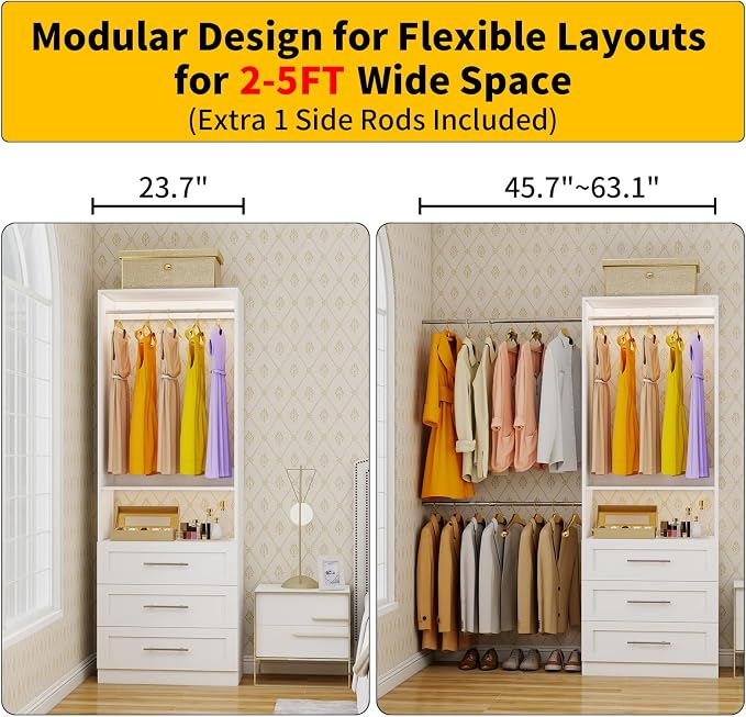 Closet System with 3 Drawers, 2-5FT Custom Closet Organizer System Shelving with 2 Hanging Rods & Shelf, Small Walk-in Closet System Freestanding, Modular Closet Organizer Storage System, White