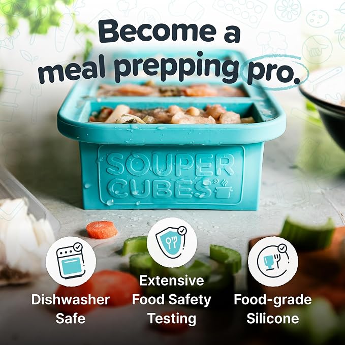 Souper Cubes 1 Cup Silicone Freezer Molds with Lids, Aqua, 2-Pack | 100% Platinum-Cured Silicone Food Mold, Oven and Microwave Safe, Perfect for Freezing Soup, Rice, Protein, Grains and More
