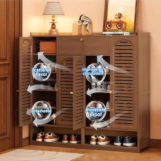 Shoe Cabinet with Louvered Doors, Freestanding Entryway Shoe Storage Cabinet with Drawer & Open Compartment, Modern Bamboo Shoe Rack Organizer with Shelves for Closet