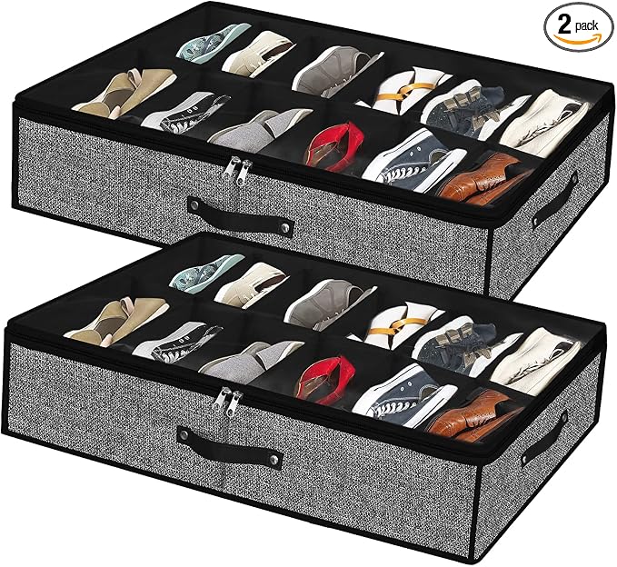 Under Bed Shoe Storage Organizer for Closet 2 Pack- Fits 24 Pairs Underbed Shoes Container Boxes with 2 Sturdy Handles and Clear Window,Foldable Shoe Rack Holder,Black