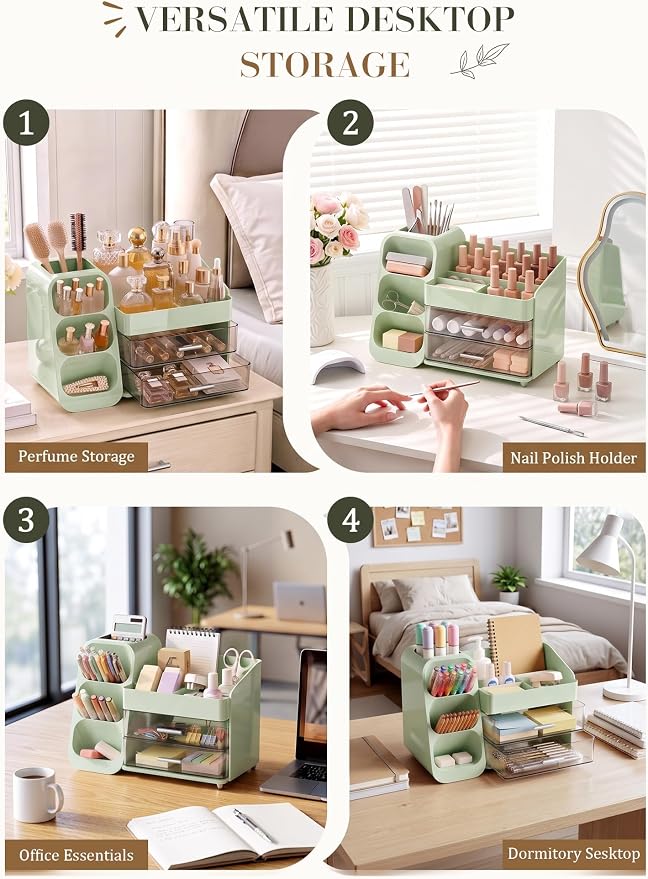 Makeup Organizer with Drawers,Large Capacity Countertop Organizer for Vanity,Bathroom and Bedroom Desk Cosmetics Organizer,Easy To Storage Skincare,Brushes,Lotions (Green)