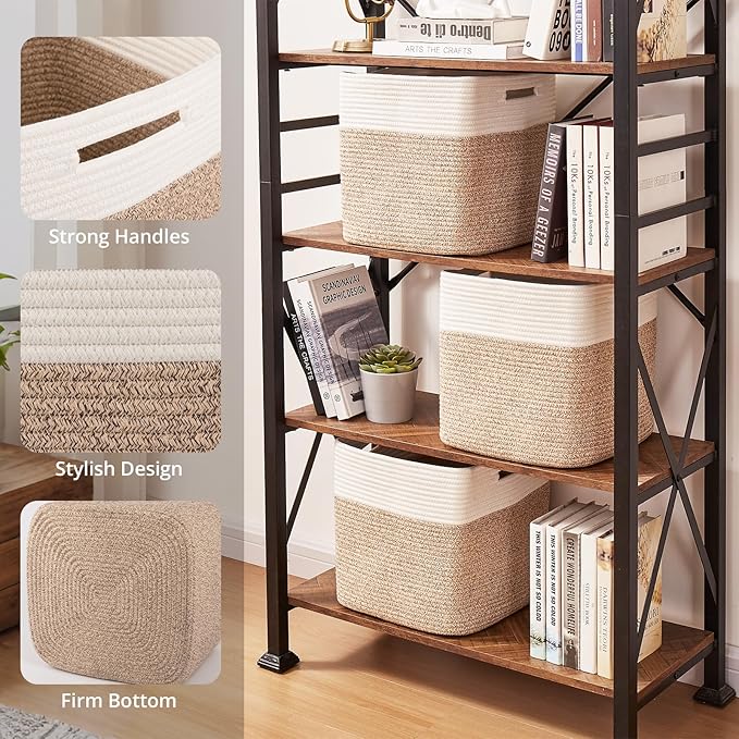 OIAHOMY 13 Inch Cube Storage Bins, 3-Pack Cotton Rope Woven Baskets for Organizing, Insert Storage Baskets for Shelves, Baby Nursery, Closet Organizer, 13 * 13 * 12.6IN, Brown & White