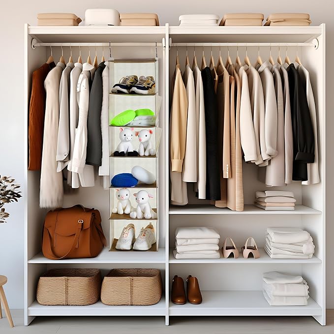 Leinuosen 6 Tier Shelf Hanging Closet Organizer Hanging Shelves for Closet with 2 Sturdy Hooks for Storage, for Dorm, 3 Pack, Foldable (Beige)
