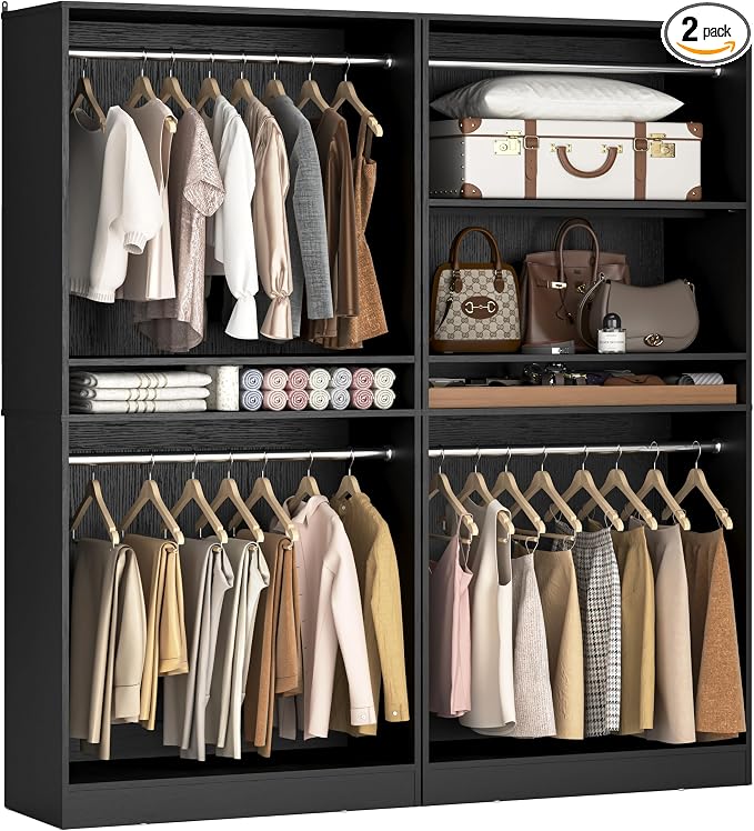 Unikito 72'' Closet System with 4 Hanging Rods, Walk-in Clothing Organizer, 2-Piece Wood Garment Rack for Bedroom, Black