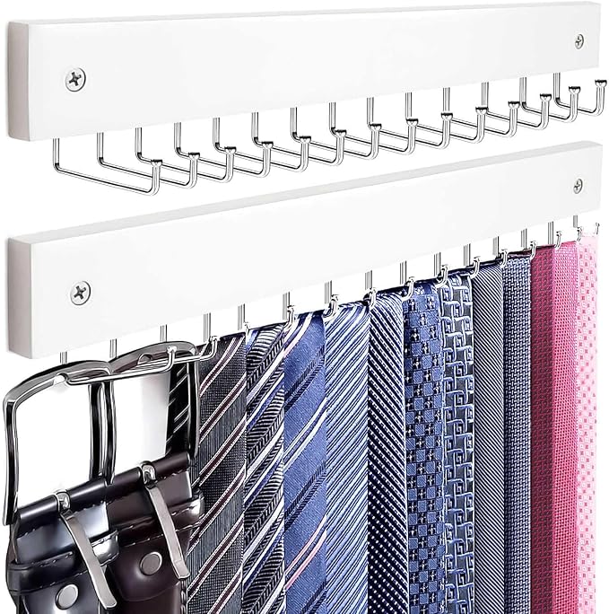 2-Pack Tie Rack Wall Mounted, Wooden Tie Hanger Tie Organizer for Men with 28 Folding Hooks, Space Saving Tie Holder and Belt Rack for Closet, White