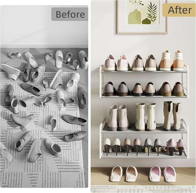 Wall Mounted Shoe Rack, Carbon Steel Shoe Organizer with Removable Oxford Cloth, Non-Slip Space-Saving for Entryway Closet Bedroom, White