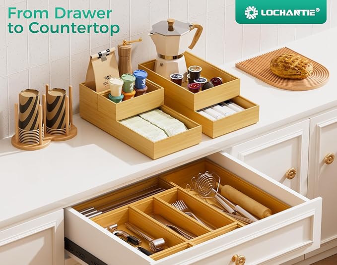 Bamboo Kitchen Drawer Organizer Boxes 12" x 3" Stackable Wooden Organizers | Set of 2 Wood Silverware Utensil Tray for Drawers Bins, Cutlery & Flatware Storage for Junk Drawer, Bathroom, RV