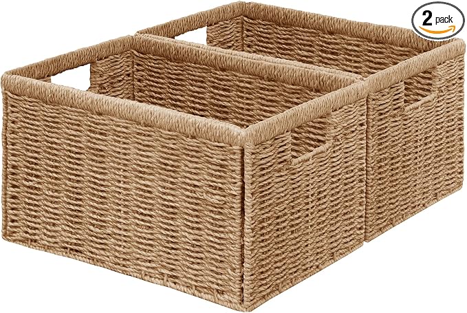 Vagusicc 2 Packs Large Wicker Storage Basket, Closet Storage Baskets Bins for Shelves, Decorative Collapsible Baskets for Organizing Clothes Toy Nursery Bathroom Organizers and Storage, Natural