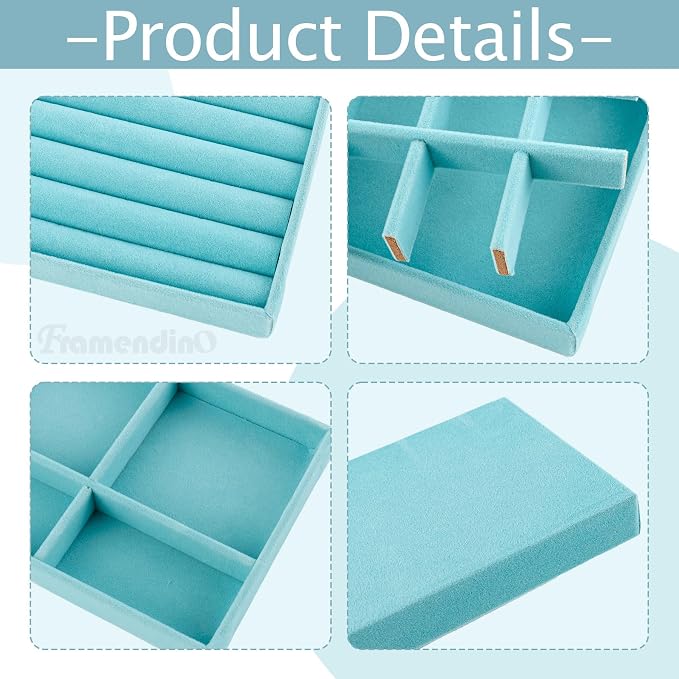 Framendino, 4 Pack Blue Velvet Jewelry Trays Stackable Organizer Drawer Inserts Container Display Case for Bracelets Necklaces
