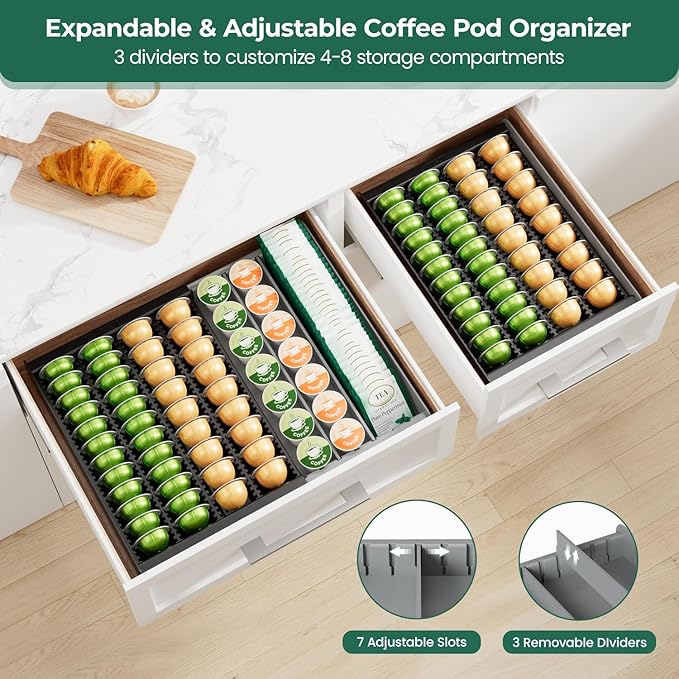 EsLuker.ly K Cup Coffee Pod Holder Organizer, Plastic Coffee Tea Drawer Insert for Counter, Expandable Storage Tray Compatible with Nespresso Vertuo Capsules, Customizable for Various Pod Sizes
