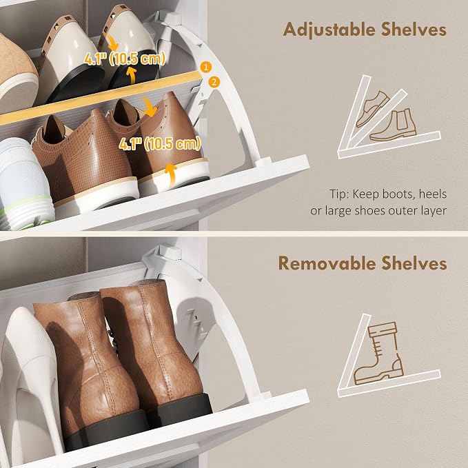HOMCOM Shoe Cabinet with 2 Flip Drawers, Narrow Shoe Storage Cabinet with Adjustable Shelves and Open Shelf, Farmhouse Storage Organizer for Entryway, Hallway, Holds 12-16 Pairs, White
