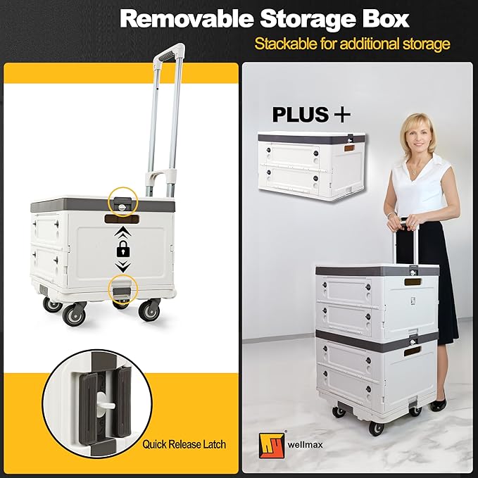 Wellmax Rolling Crate with Wheels, Foldable Utility Cart with Adjustable Handle, Silent Rolling Design, 132 lbs Load Capacity — Great for Teachers, Office, Groceries & Everyday Use