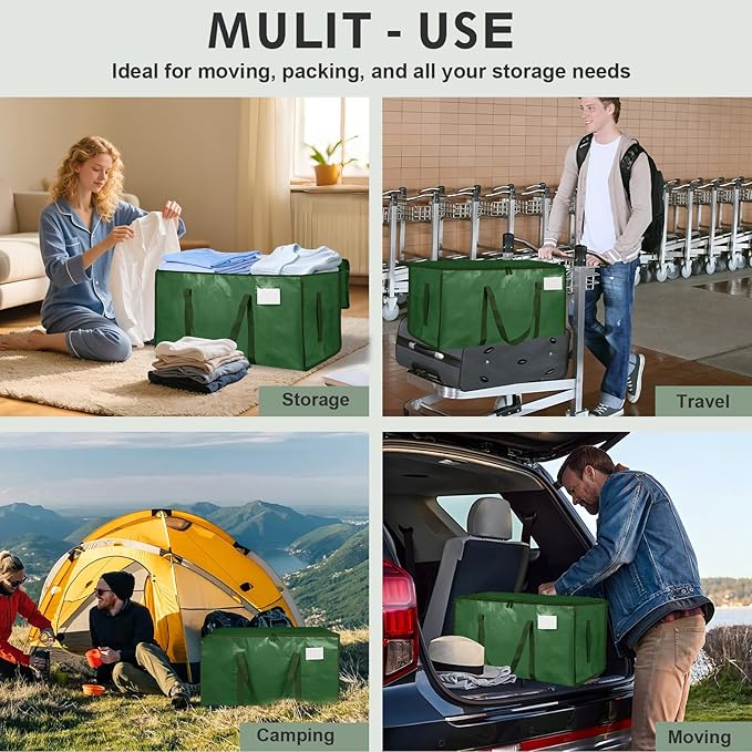 6 Pack-Extra Large Heavy Duty Moving Bags - Waterproof Storage Totes with Handles & Zippers, Foldable for College Dorm, Storage (olive green)