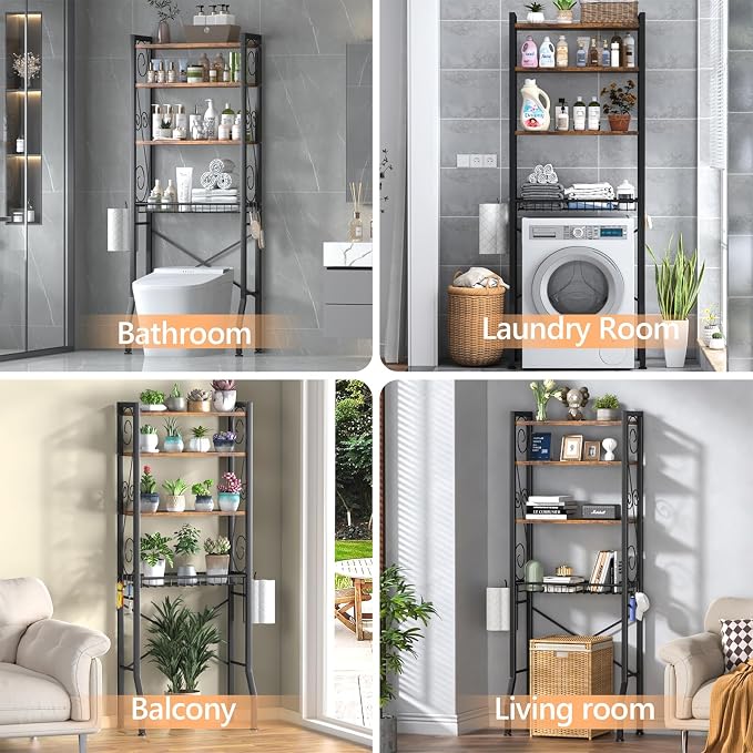 Aduanbang 4 Tier Over The Toilet Storage Rack, Bathroom Organizer Shelf with Basket, Adjustable Shelves, Freestanding Space Saver for Small Bathrooms