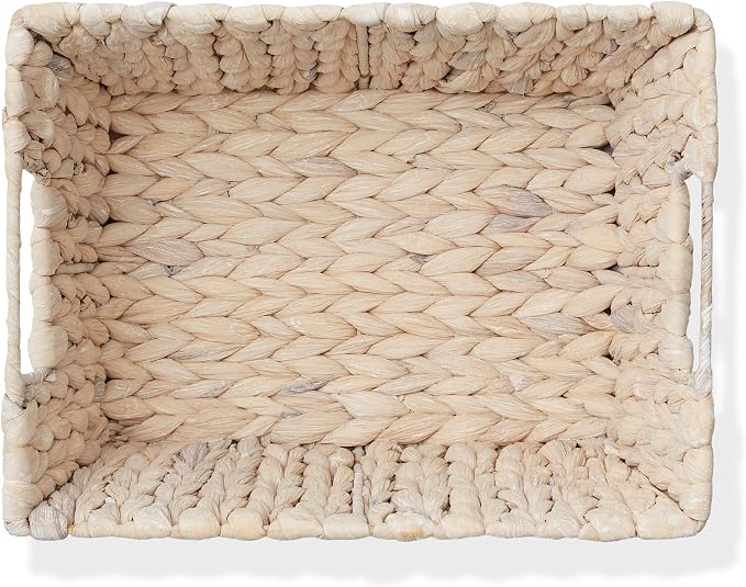 Casafield Set of 4 Water Hyacinth Storage Baskets with Handles - Whitewash White, Woven Storage Bins for Shelves, Blankets, Laundry Organization