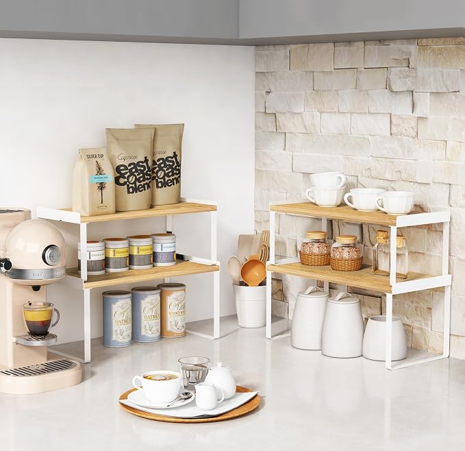 Goozii 4 Pack Stackable Cabinet Shelves Organizer, Shelf Rack with Anti-Fall Lips for Kitchen Pantry Coffee Bar Countertop Storage (Bamboo White)