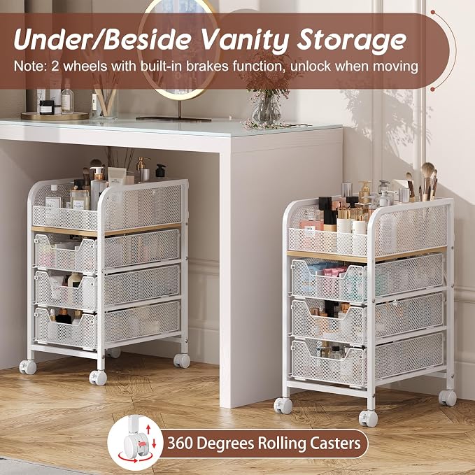 Hongtamoya Rolling Makeup Cart Organizer with 3 Drawers, Narrow Floor Skincare Organizers, Cosmetics Display Cases Vanity Organizer for Skin Care Nail Polish Perfume Makeup Brush, White