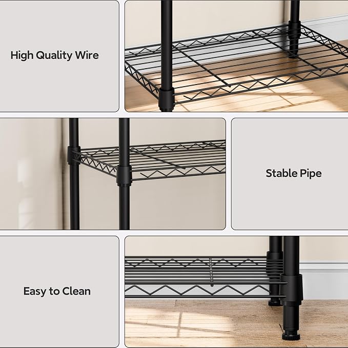 M MZG 5 Tiers Shelf Metal Storage Shelves Wire Rack Closet Organizers with Wheel for Garage Kitchen Bathroom Laundry Black 11.8" D x 17.7" W x 55" H